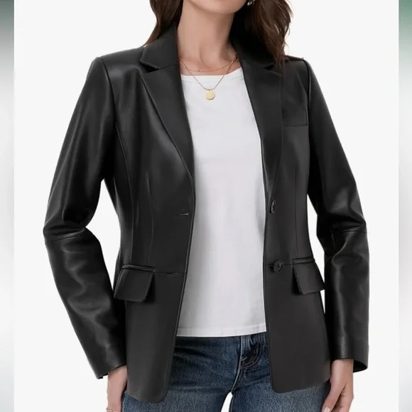 NWT Silver Fashions Women's Black Leather Blazer Size M - Picture 2 of 9